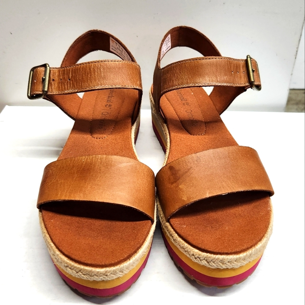 Timberland Brown Tan Leather Platform Sandals with Yellow and Pink Accents